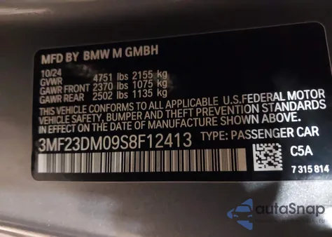 2025 BMW M2 z USA, uszkodzony, nr VIN 3MF23DM09S8F12413